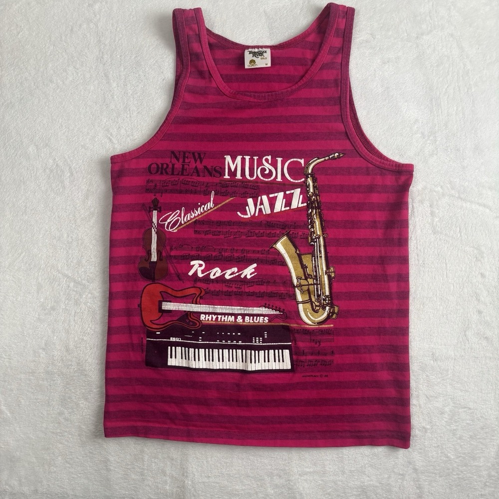 VTG 88 Tennessee River Gold New Orleans Jazz Pink Striped Tank Top Shirt Men's M